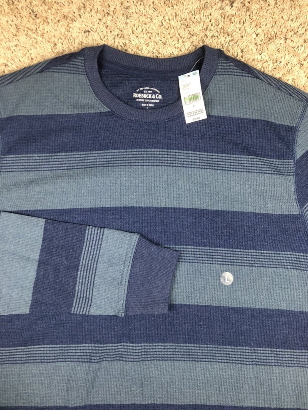 Roebuck Co Mens Thermal Sweater Large Blue Green Striped Long Sleeve Pullover